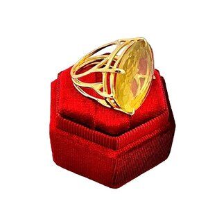 Bounkit Cocktail Ring Sz. 8 Large Oval Lemon Quartz Statement Art Deco Statement